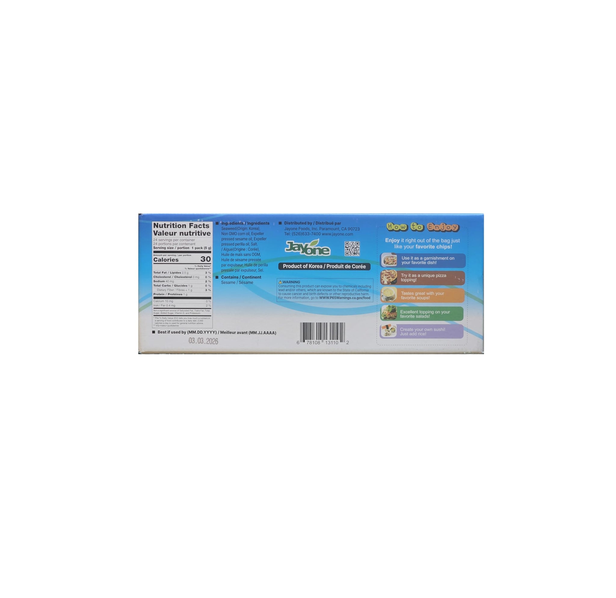 Jayone Seaweed Roasted and Lightly myFga Salted, 24 Count (4 Pack)