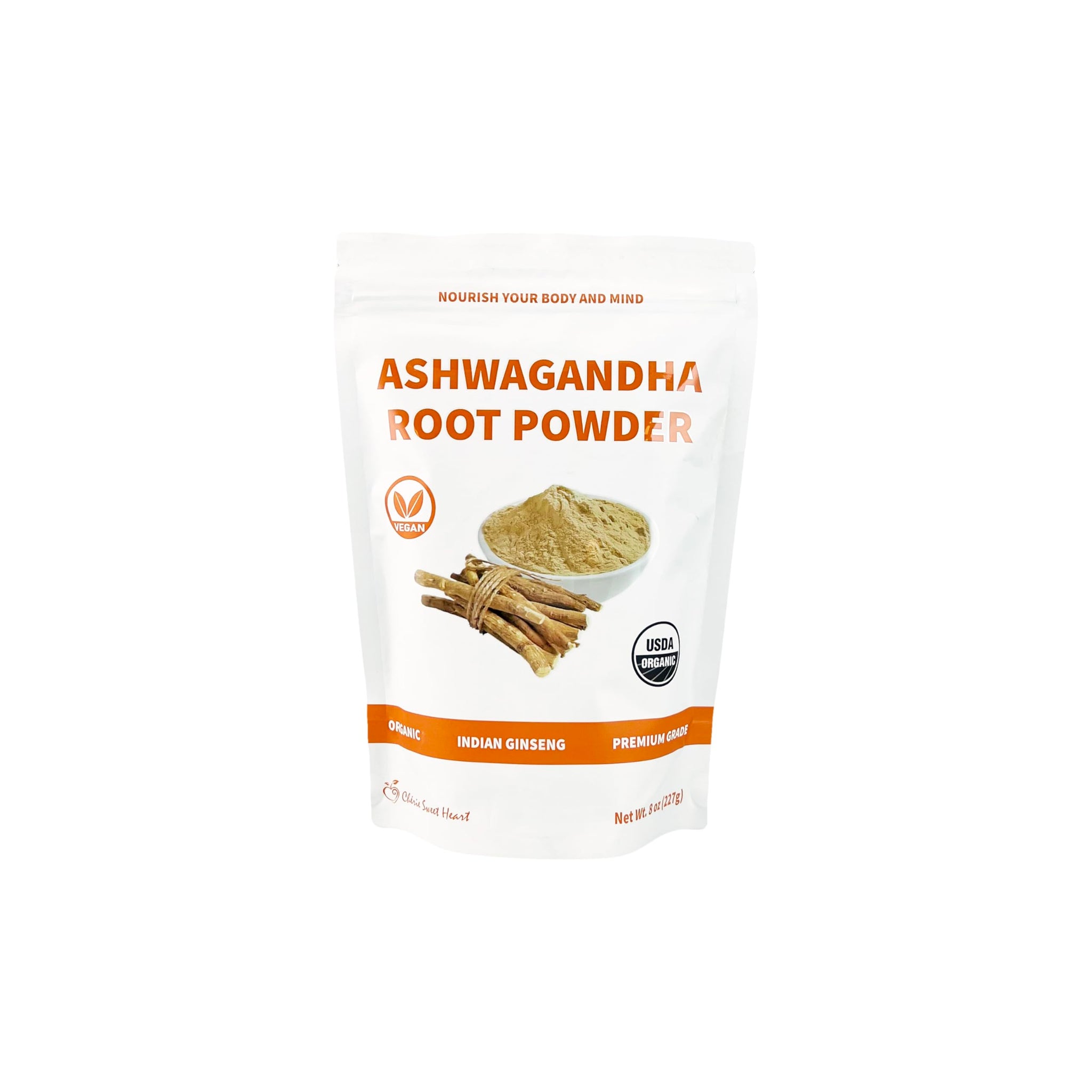 Cherie Sweet Heart Organic Ashwagandha Root Powder, 8oz Resealable Bag 227g