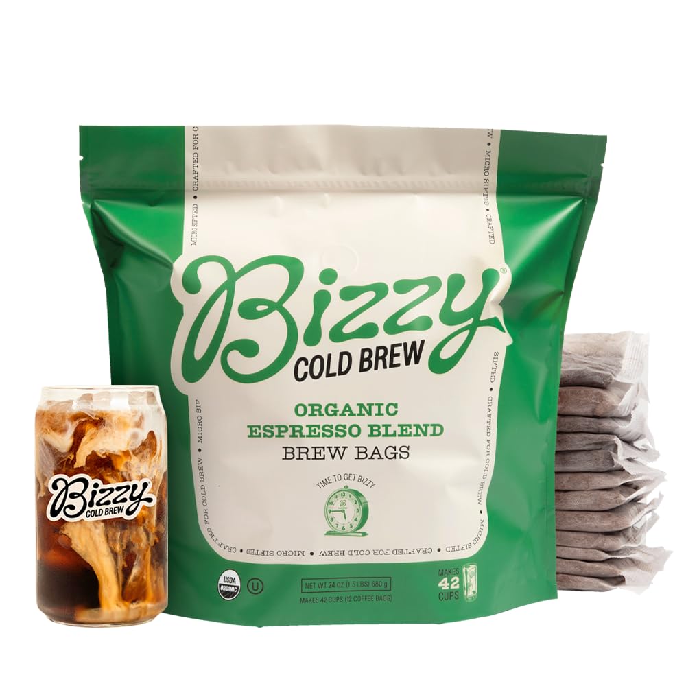 Bizzy Organic Cold Brew Coffee | Espresso Blend | Coarse Ground Coffee | Medium-Dark Roast | Micro Sifted | Specialty Grade | 100% Arabica | Brew Bags