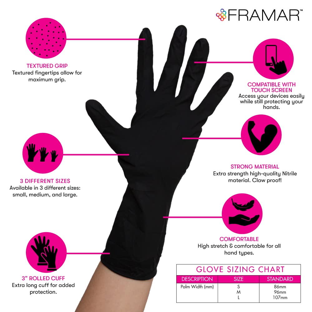 FRAMAR Powder Free Nitrile Gloves Medium - 12 INCH Black Gloves Disposable Latex Free, Guantes De Nitrile, For Hair Dye, Cleaning, Tattoo - Extra
