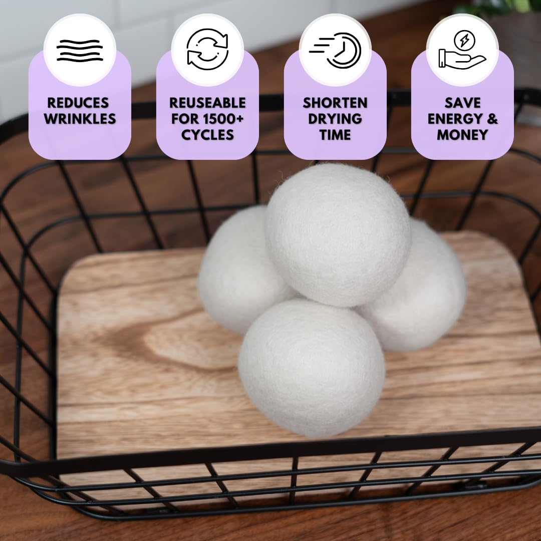 Ms Wool Lavender Scented Wool Dryer Balls - 4 XL Pack - Natural Fabric Softener, Reusable, Reduces Static, Reduces Wrinkles & Shortens Drying Time