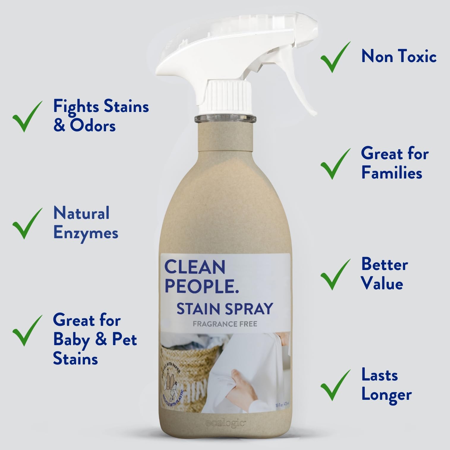 The Clean People Stain Remover Spray - Simple, Clean Ingredients - Laundry Spot Treatment for Food, Pet & Baby Stains - Boosted with Enzymes - Fabric