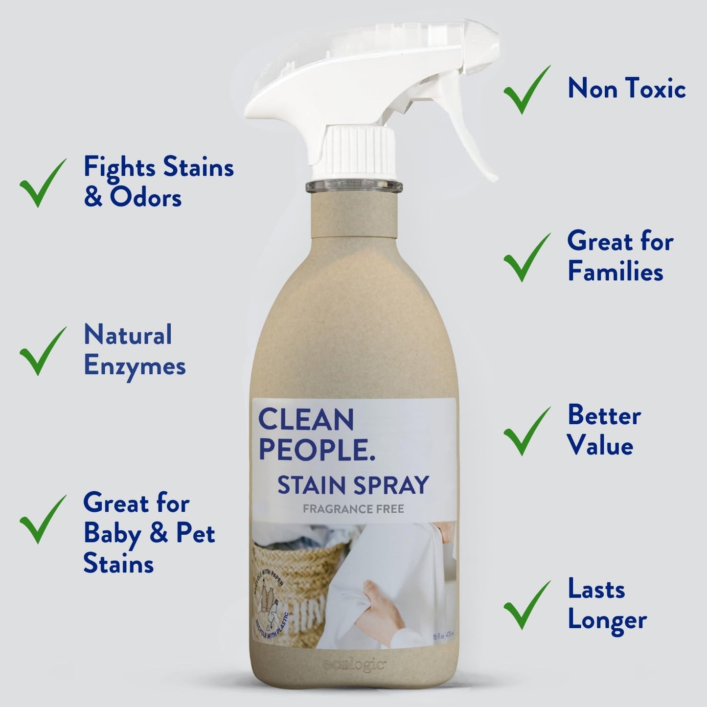 Clean People Stain Remover Spray - Natural Plant & Mineral-Based Ingredients - Non-Toxic Laundry Spot Treatment for Food, Pet & Baby Stains - Boosted