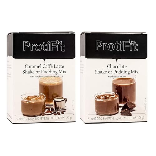 PROTIFIT - High Protein Caramel Caffe Latte & Chocolate Pudding & Shake Mix 2 Pack, 15g Protein, Low Calorie, Low Fat, Low Carb, Aspartame Free, Idea