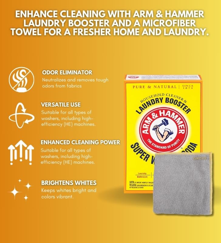 Detergent Booster and Household Cleaner Powder 55 oz Bundle with Microfiber Cloth - Enhances Laundry Detergent Power - Cleans Bathtubs, Microwaves