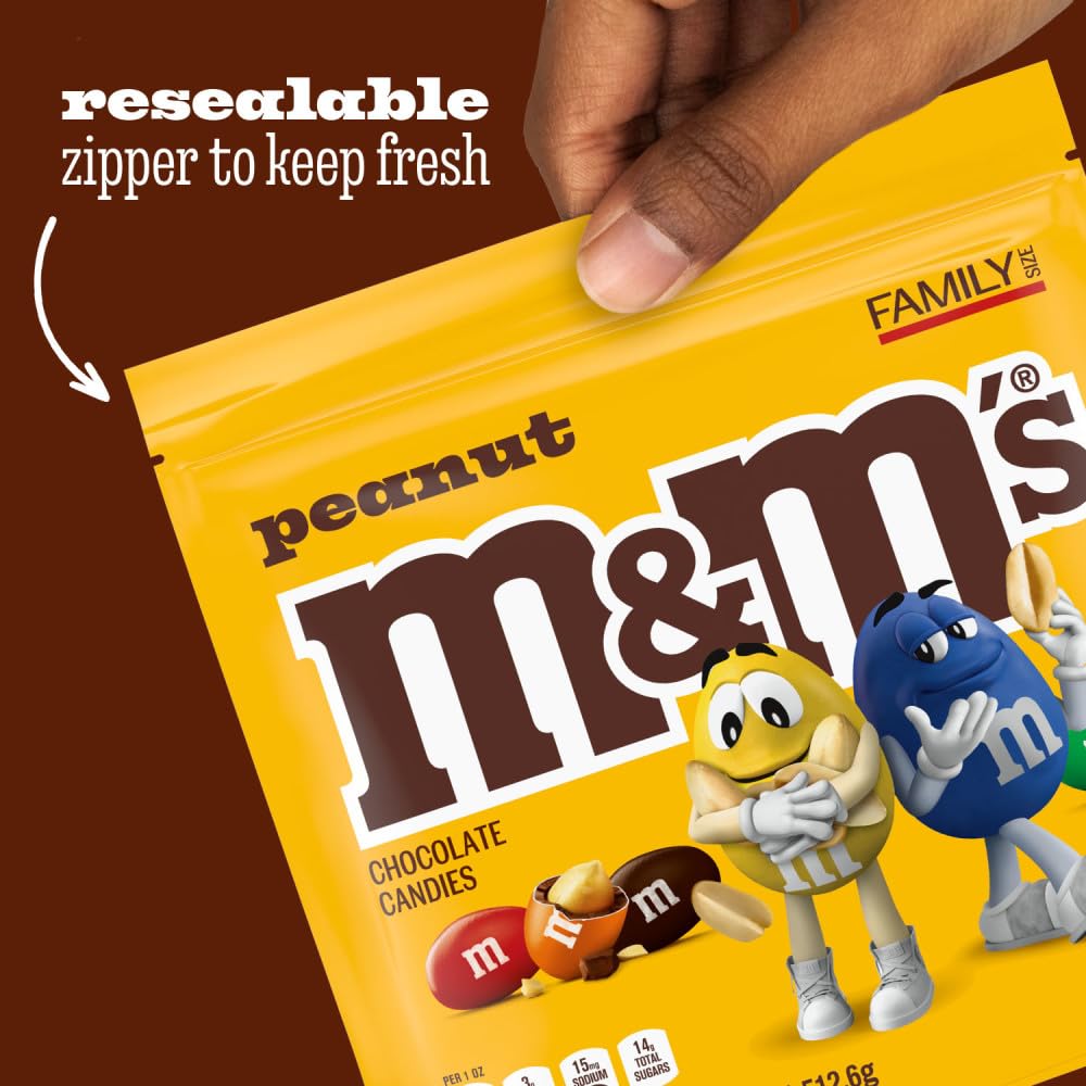 M&M'S Peanut Milk Chocolate Candy, Family Size, 18.08 oz Resealable Bulk Bag for Parties, Baking & Sharing