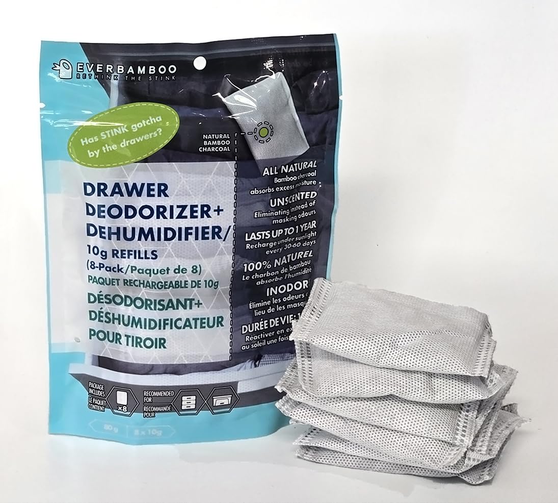 Ever Bamboo Drawer Deodorizer & Dehumidifier - Natural Bamboo Charcoal Odor Absorber, 8 x 10g. Single pack