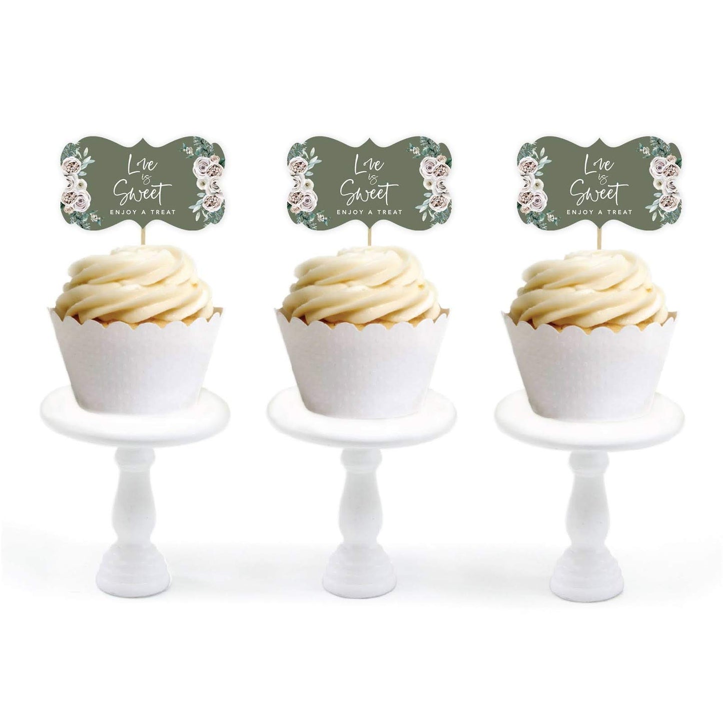 Andaz Press Sage Green with Cream Floral Blossoms Fall Wedding Party Collection, Cupcake Topper DIY Party Favor Kit, Fancy Frame Shape, Love is Sweet