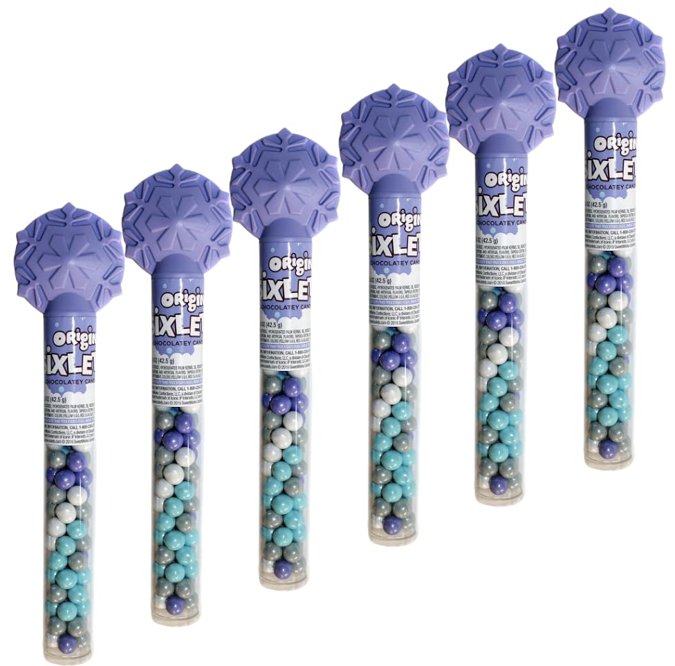 Original Chocolatey Candies in Cane with Snowflake Topper - 1.5 oz, Metallic White, Blue, Purple & Green Candies, Festive Lavender Tube for Holiday