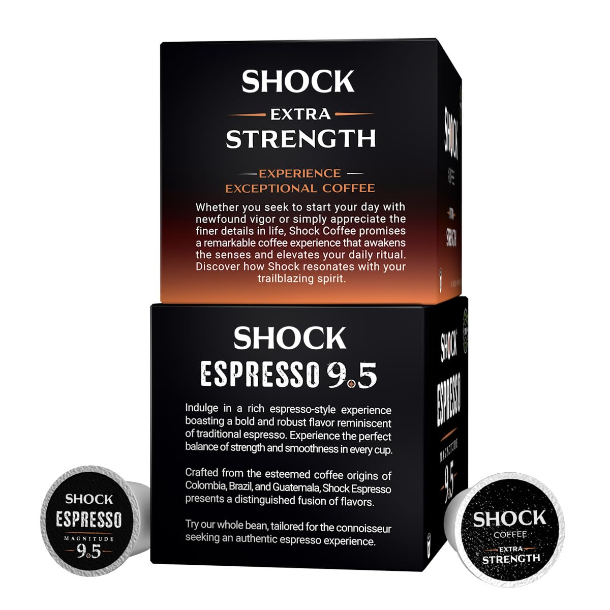 Shock Coffee Variety Pack | Try Extra Strength & Espresso 9.5 | High Caffeine Single Serve Coffee Pods | Medium Dark Roast | 20 Count