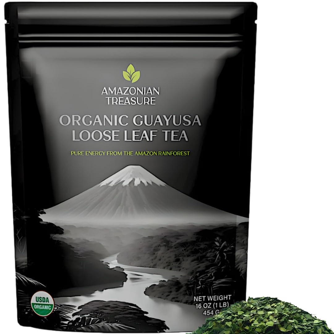Amazonian Treasure Organic Guayusa Loose Leaf Tea, 16 OZ (1LB), Smooth Energy Boost, Alternative to Coffee & Yerba Mate, 60 mg Caffeine per Serving.