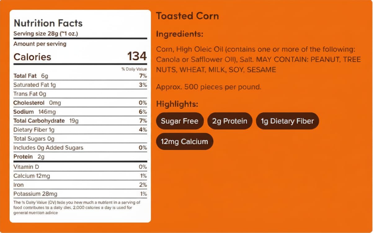 Nuts com Toasted Corn - Roasted Non-GMO Crunchy Snack - Great for Charcuterie Boards, Chips, Popcorn, Crackers, Nuts in Resealable Bag (1 lb)
