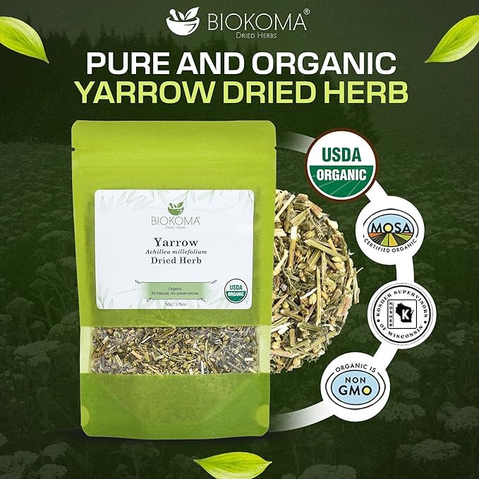 Biokoma Organic Yarrow Dried Herb 50g 1.76oz Dried Loose Achillea Millefolium Digestion Skin Health Support USDA Organic Caffeine Free Herbal Tea