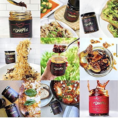 Hot Crispy Oil - Spicy Chili Crisp Blend of Olive Oil, Fresh Crispy Garlic, Shallots & Hot Chili Peppers - Designed for Pizza, Pasta, Eggs, Bread