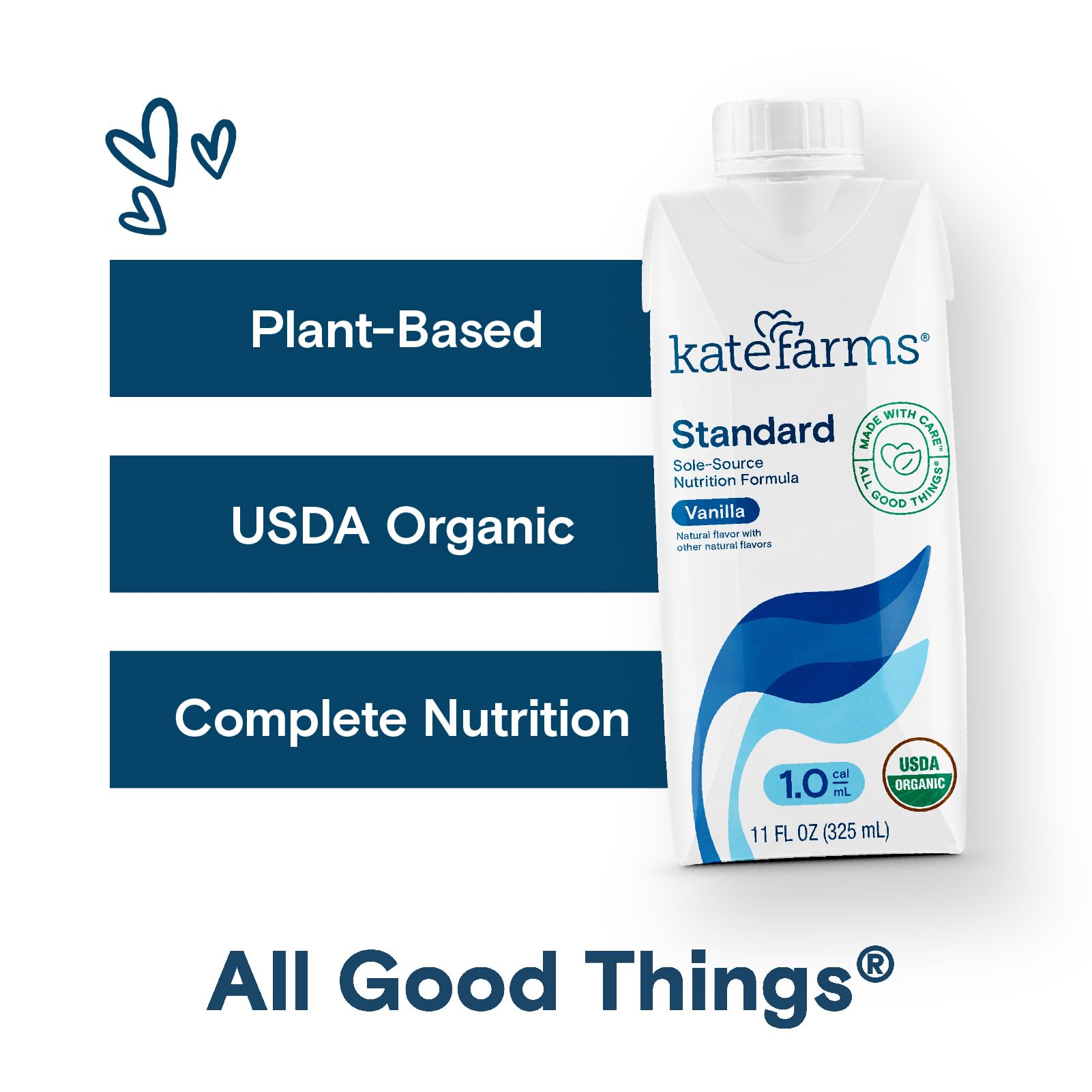 KATE FARMS Organic 1.0 Vanilla Nutrition Shake, 16g protein, 27 Vitamins and Minerals, Meal Replacement Shake 11 oz (12 Pack)