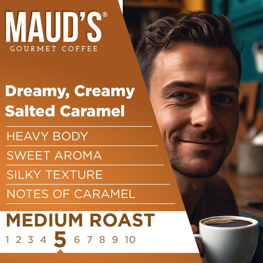 Maud's Salted Caramel Flavored Coffee Pods, 18 ct, Medium Roast Flavored Coffee in Single Serve Pods - 100% Arabica Beans, Compatible with Keurig K