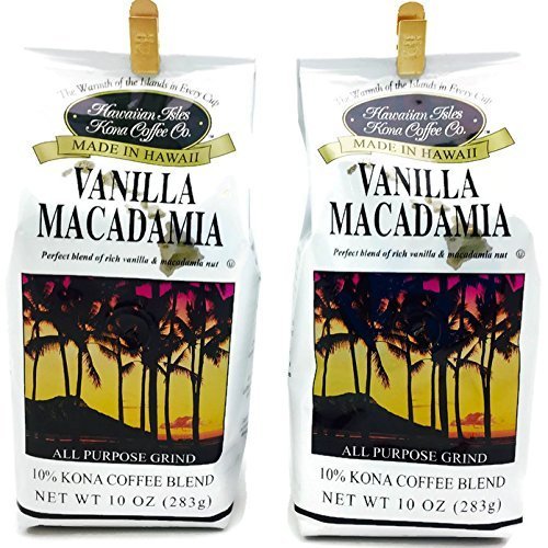 Hawaiian Isles Kona Coffee, 10% Kona Blend Gourmet Coffee, Vanilla Macadamia Nut, Ground (2 Pack)