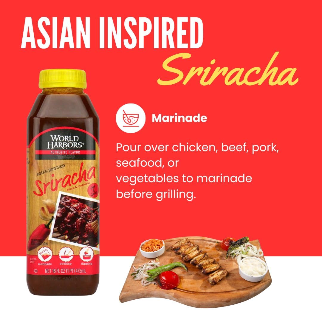 World Harbors Sriracha Hot Sauce & Marinade Perfect for Grilled Meats, Seafood, Dipping, Marinades & Garnishes - Enhance Your Meals with Sriracha