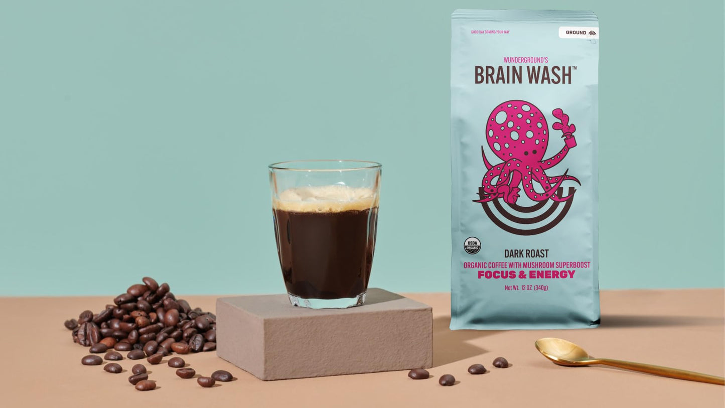 Wunderground's Brain Wash Dark Roast Organic Ground Coffee with Mushroom SuperBoost (12 oz Bag)