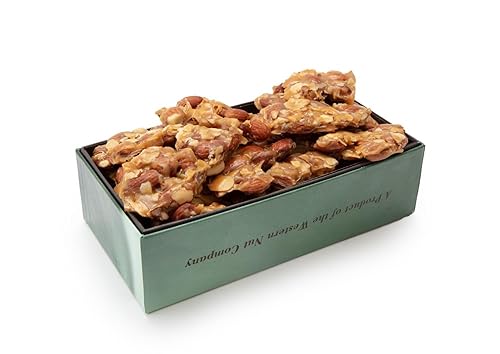 Western Nut Company Almond Brittle Gift Box, Green Box wrapped in Seasonal Wrapping Paper, 16 oz, Almond Brittle Flavor