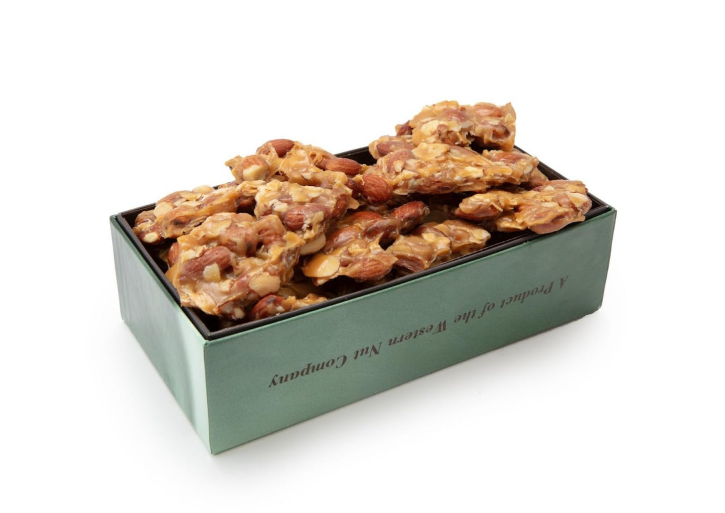Western Nut Company Almond Brittle Gift Box, Green Box wrapped in Seasonal Wrapping Paper, 16 oz, Almond Brittle Flavor