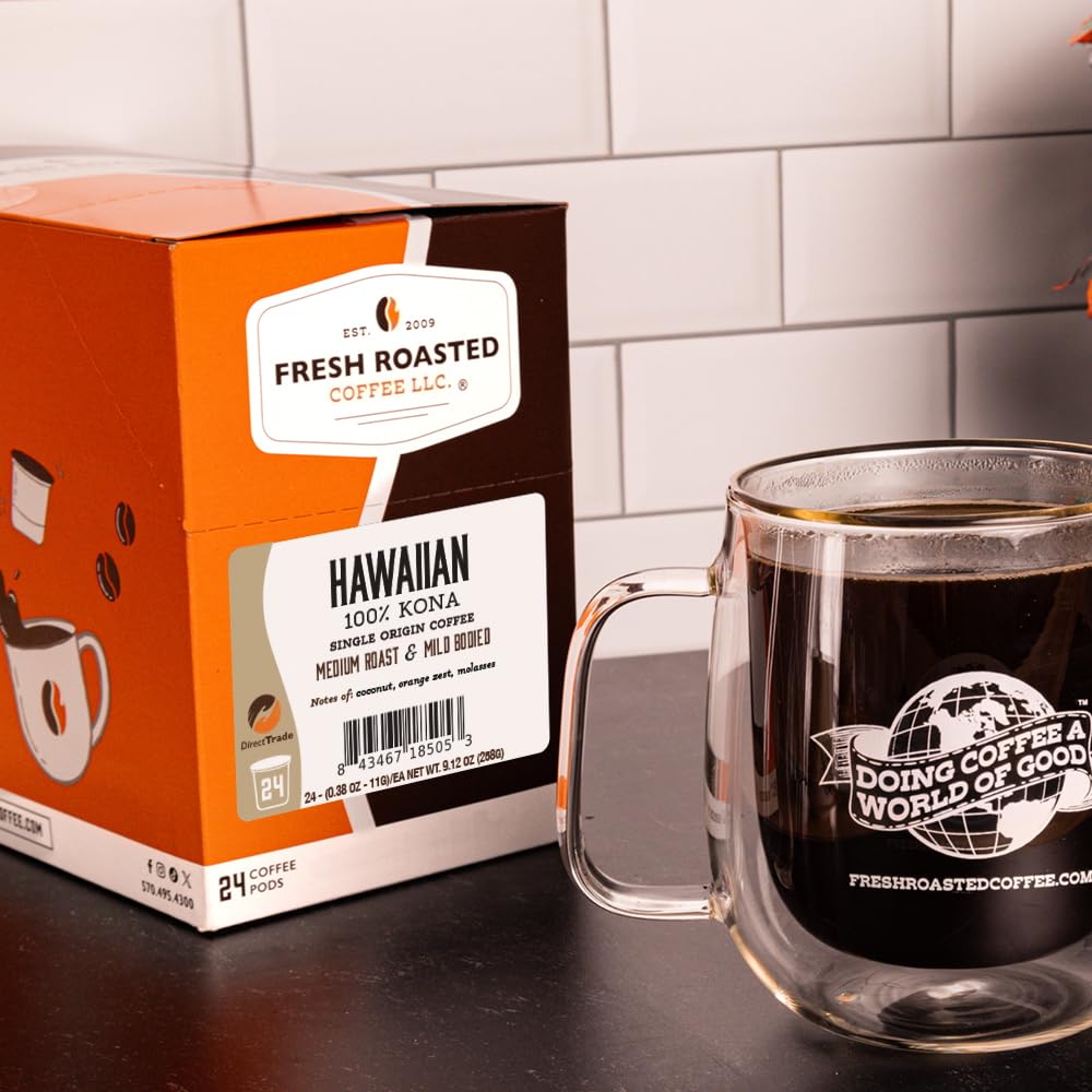 Fresh Roasted Coffee, 100% Hawaiian Kona, Medium Roast, Kosher, K-Cup Compatible, 24 Pods