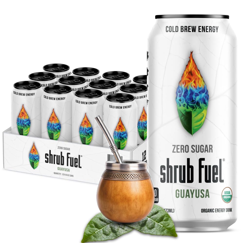 Shrub Fuel Organic Energy Drink - Made With Fresh Brewed Guayusa Tea, 100% Plant Brewed Clean Energy For Calm Focus, Zero Sugar And No Crash, 16 Fl Oz