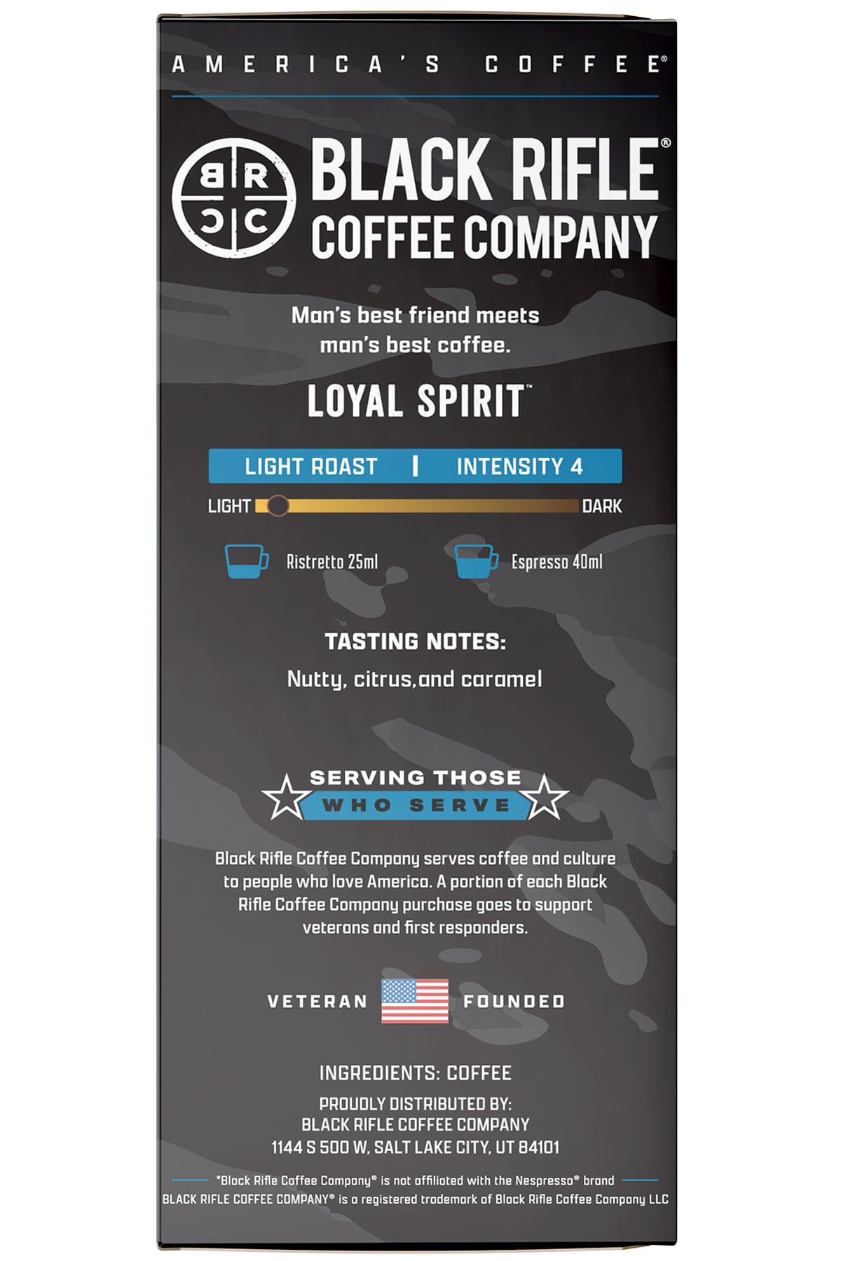 Black Rifle Coffee Company 30 Loyal Spirit Espresso Capsules - Light Roast, Nutty Citrus & Caramel, Nespresso® OriginalLine Compatible