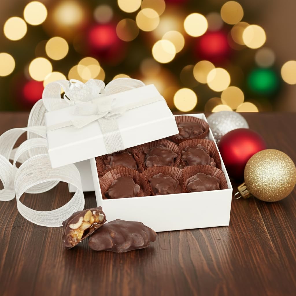Chocolate Caramel Peanut Clusters White Gift Box - by It's Delish | 12 OZ Premium Dark Chocolate Covered Nuts with Carmel Cluster | Christmas Gifts