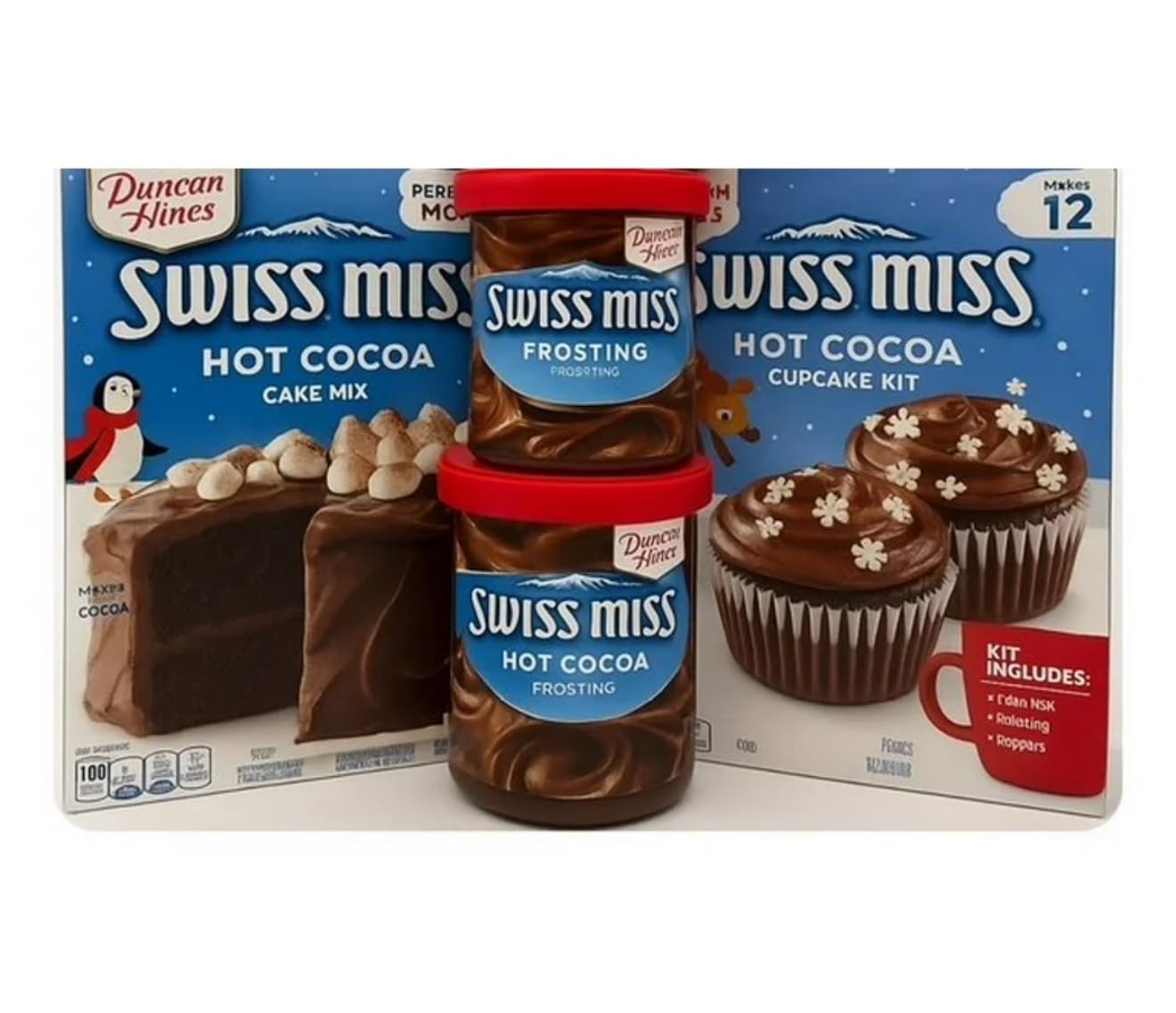 Holiday Favorite Duncan Hines Hot Cocoa Swiss Miss Chocolate Cake Mix and Cupcake Bundle