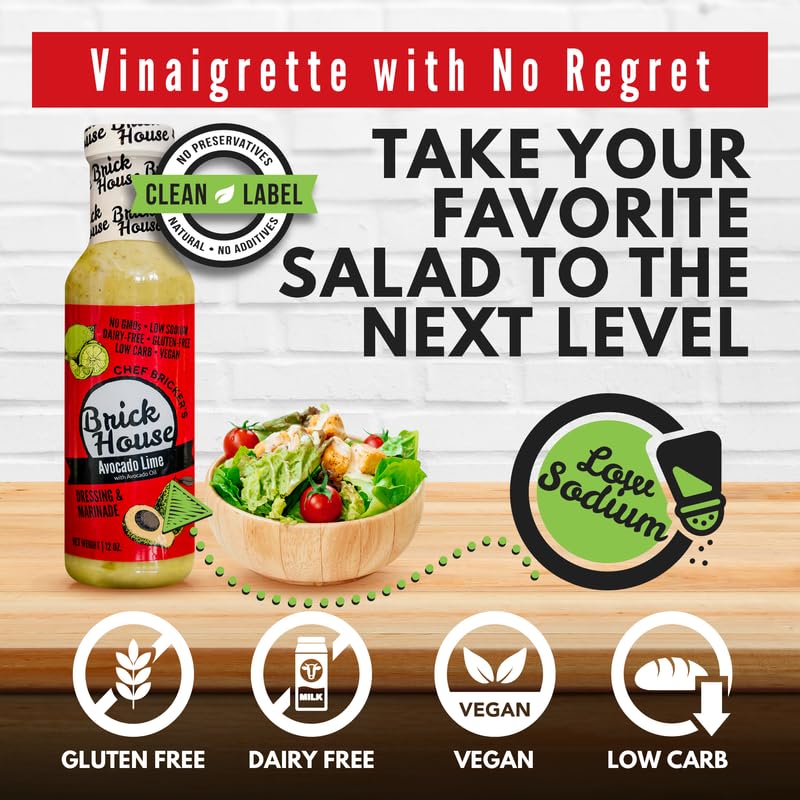 Brick House Avocado Lime Vinaigrette Salad Dressing, 12 oz - Vegan, Low Sodium Salad Dressing, Dairy-Free, Gluten-Free, Clean Label, Keto & Paleo