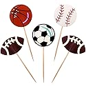 BLUE TOP 48pcs Two Side Sports Ball Cupcake Toppers Sports Theme Cupcake Picks Party Decor Football Baseball Basketball Rugby Decoration Picks
