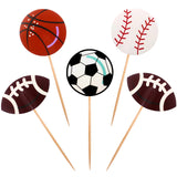 BLUE TOP 48pcs Two Side Sports Ball Cupcake Toppers Sports Theme Cupcake Picks Party Decor Football Baseball Basketball Rugby Decoration Picks