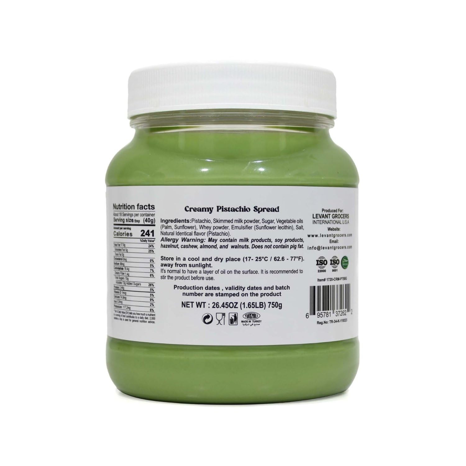 Creamy Pistachio Spread, Spreadable Pistachio Cream, 26.45 oz (750g)