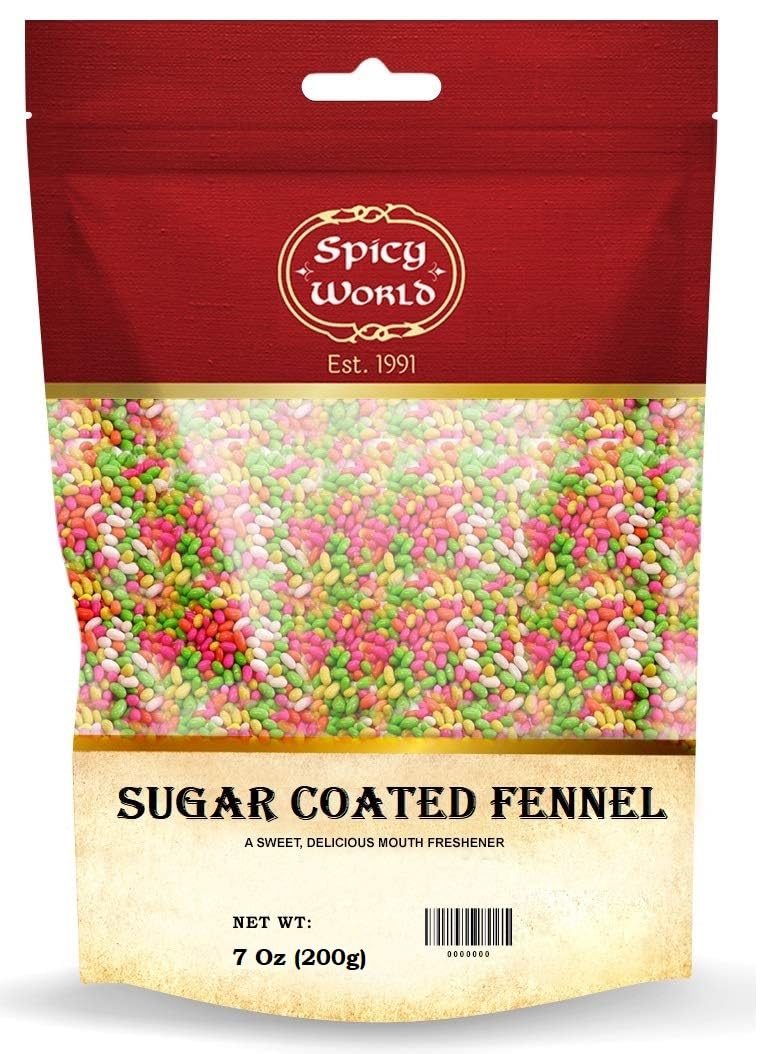 Spicy World Sugar Coated Fennel Seeds | Sweet Saunf Candy for Mouth Freshening - 7 Oz (200g) Pack | Premium Quality Fennel Mouth Freshener | Indian
