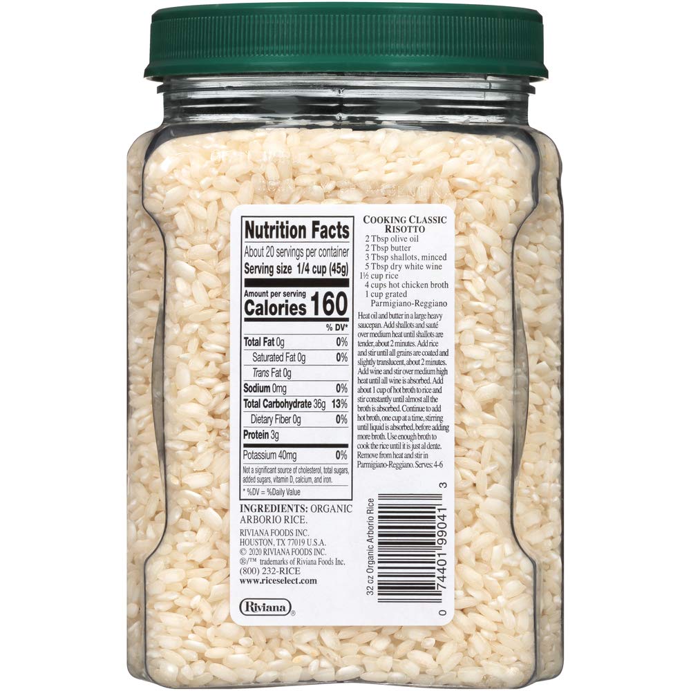 RiceSelect Organic Arborio Rice, Risotto Rice, Gluten-Free, Non-GMO, 32 oz (Pack of 4 Jars)