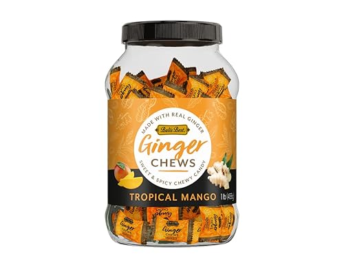Bali's Best Ginger Chews, Tropical Mango Flavor, 1 Pound Jar, Individually Wrapped Soft Candy, Made with 100% Real Ginger, Digestive Health Support