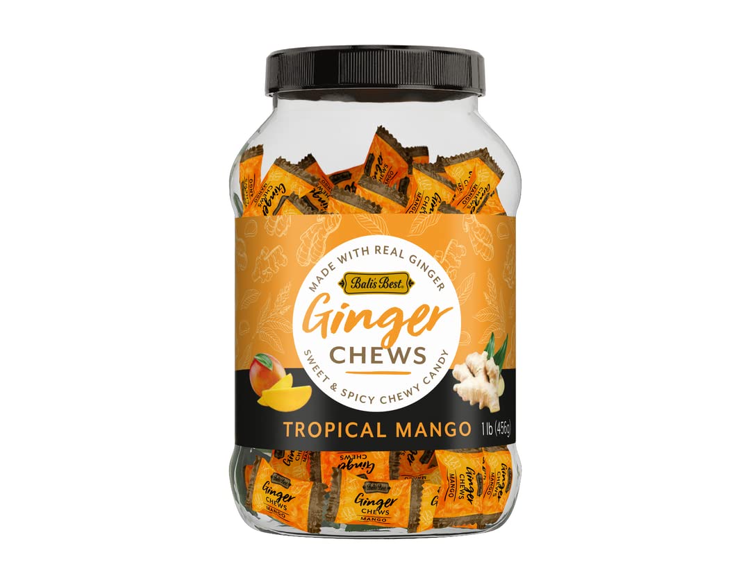 Bali's Best Ginger Chews, Tropical Mango Flavor, 1 Pound Jar, Individually Wrapped Soft Candy, Made with 100% Real Ginger, Digestive Health Support