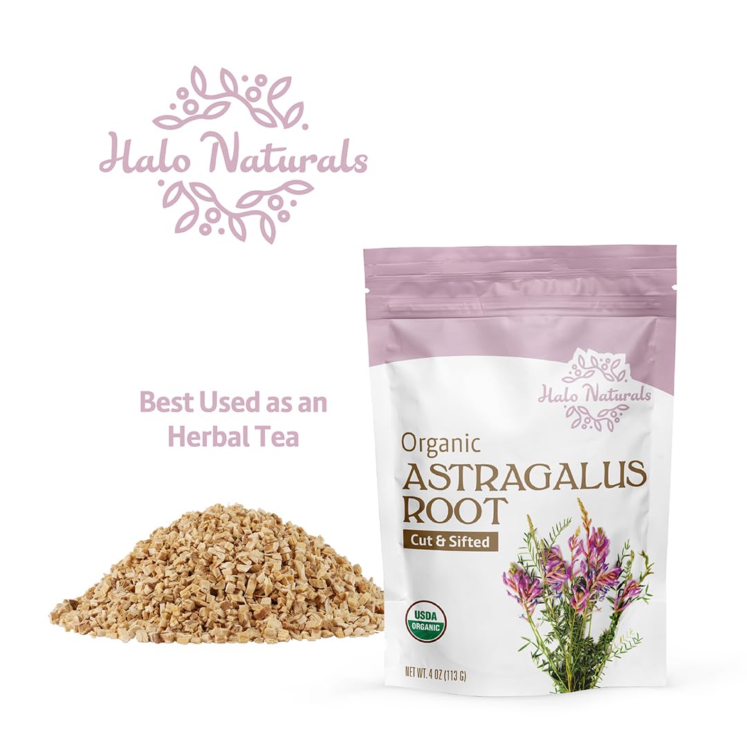 Halo Naturals Organic Astragalus Root Cut & Sifted, 4 Ounces (Astragalus membranaceus) USDA Certified | Resealable Pouch| Packaged in The USA