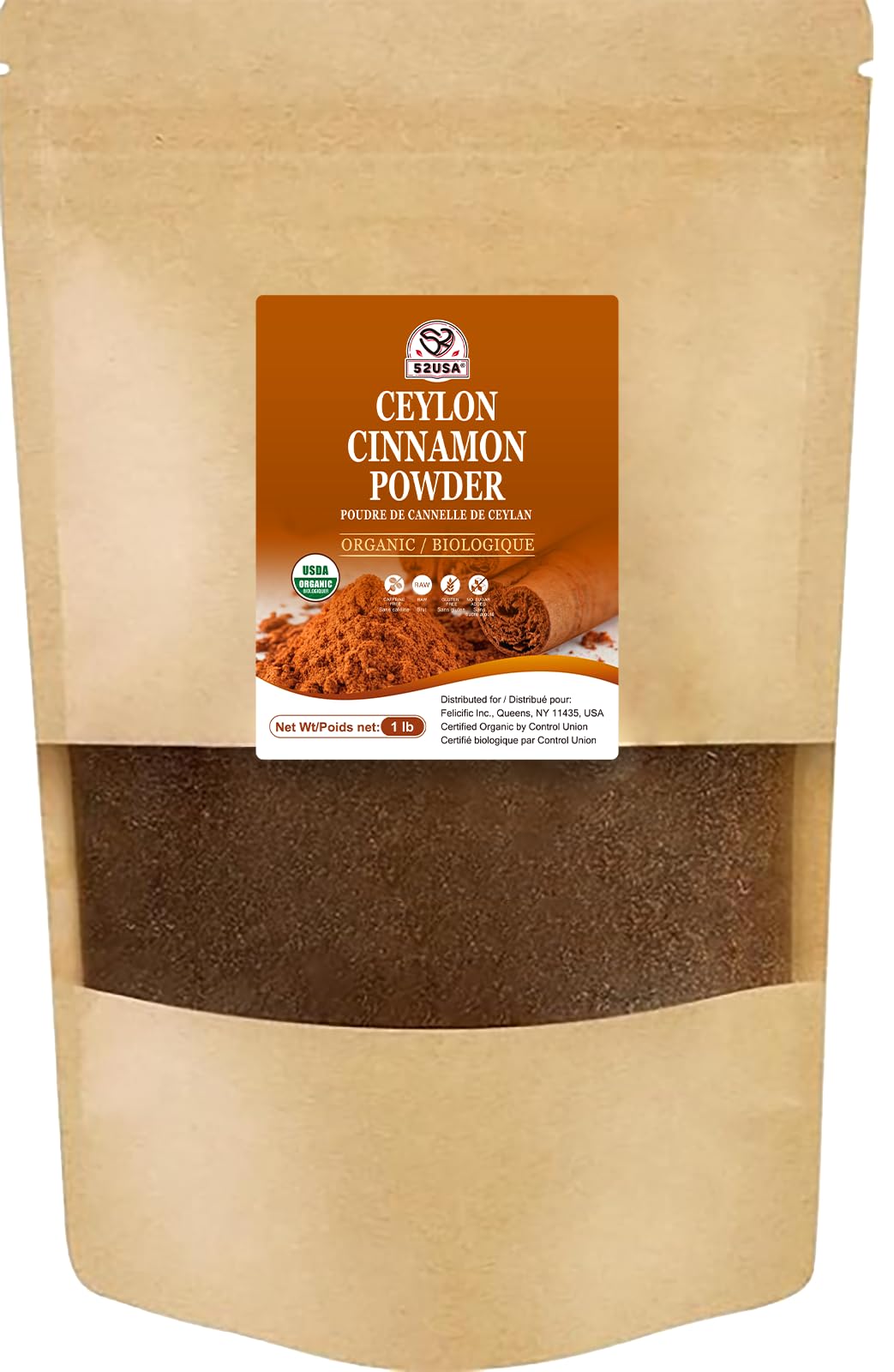 52USA Organic Ceylon Cinnamon Powder, 1lb Resealable Bag | True Cinnamon from Sri Lanka, Non-GMO, Gluten-Free, Freshly Ground for Baking, Cooking