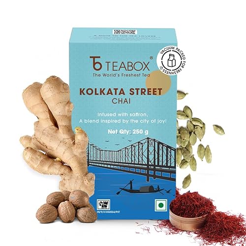 Teabox Kolkata Street Masala Chai 8.81 oz| Reminiscent Of The City Of Joy | Tea Blended With Saffron, Cardamom, Nutmeg & Ginger, With Exquisite Aromas