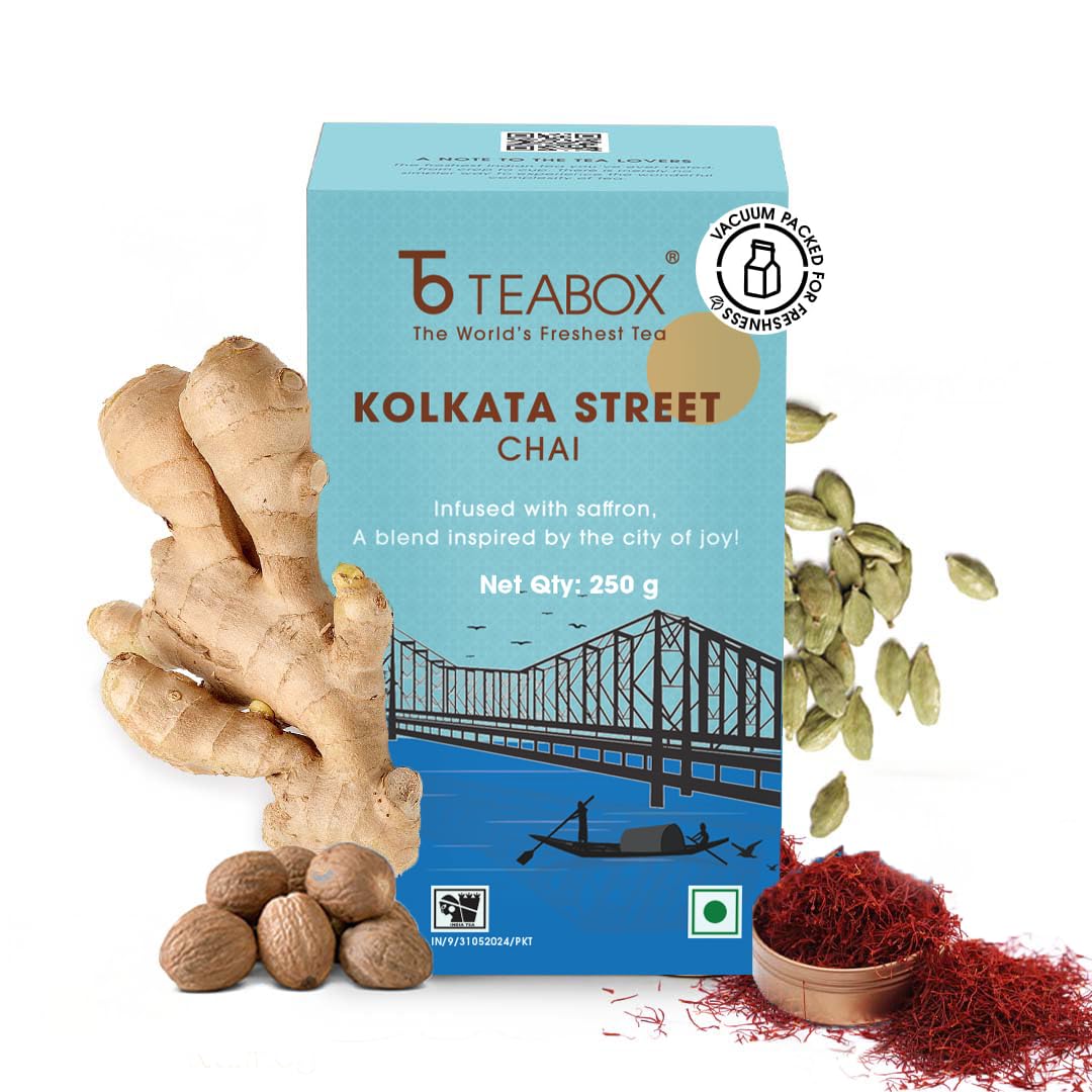 Teabox Kolkata Street Masala Chai 8.81 oz| Reminiscent Of The City Of Joy | Tea Blended With Saffron, Cardamom, Nutmeg & Ginger, With Exquisite Aromas