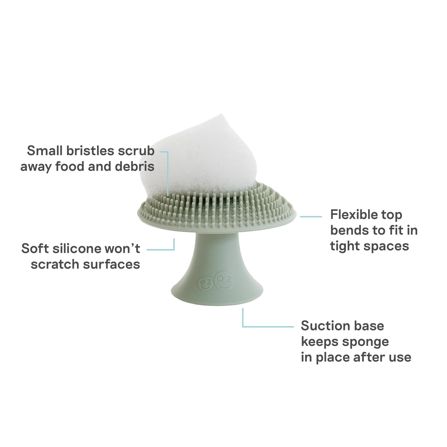 ezpz Mushroom Sponge (Sage) - Odor-Resistant Kitchen Sponge with Soft Bristles, Non-Slip Handle, Suction Base - Gently Cleans Pans, Dishes and Feeding