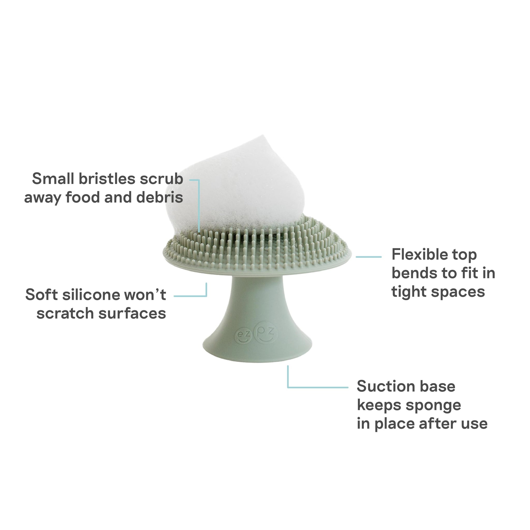 ezpz Mushroom Sponge (Sage) - Odor-Resistant Kitchen Sponge with Soft Bristles, Non-Slip Handle, Suction Base - Gently Cleans Pans, Dishes and Feeding