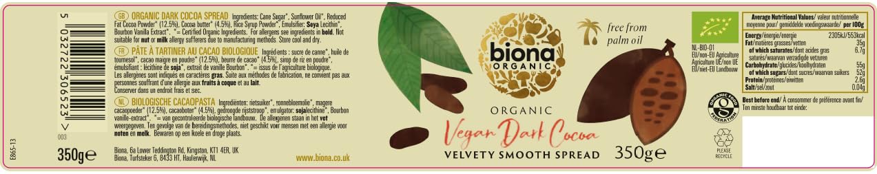 BIONA Organic Chocolate Spread, 350 GR