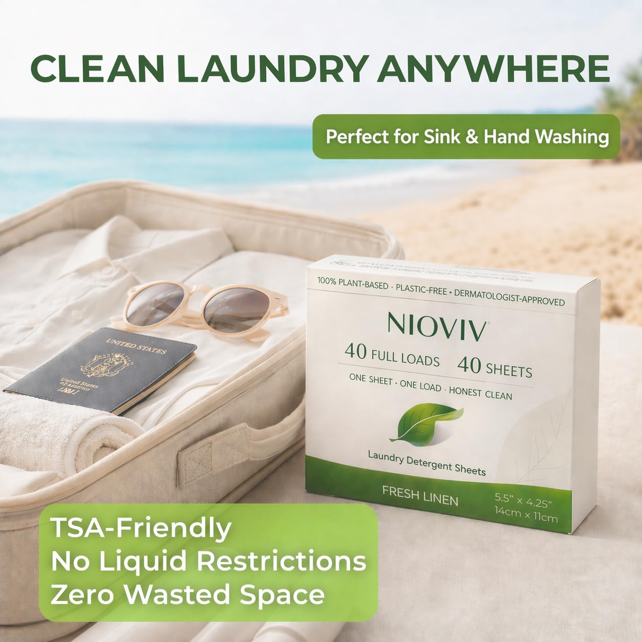 Nioviv Laundry Detergent Sheets - 40 Full Loads - Travel Laundry Sheets, No Mess No Measuring - Plant-Based, Plastic-Free - Hypoallergenic Fresh Linen