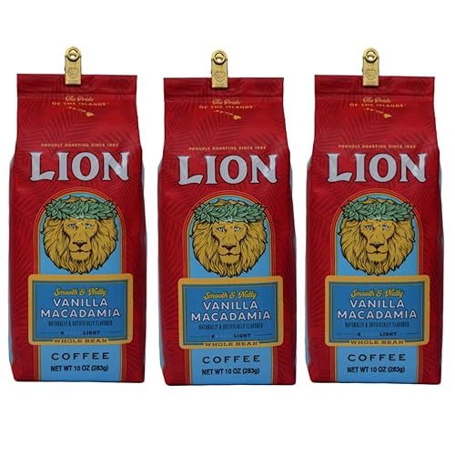 Lion Coffee, Arabica Coffee Beans, Light Roast Whole Bean Coffee, Vanilla Macadamia Flavor, A Taste of Aloha, 10 Ounce (Pack of 3) Bag