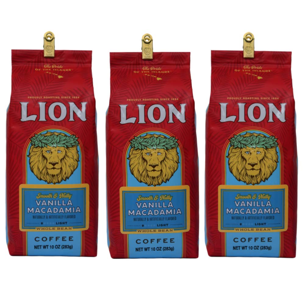 Lion Coffee, Arabica Coffee Beans, Light Roast Whole Bean Coffee, Vanilla Macadamia Flavor, A Taste of Aloha, 10 Ounce (Pack of 3) Bag