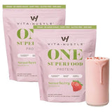 VitaHustle ONE Vegan Strawberry Protein Powder - 20g Plant Protein Meal Replacement with 86+ Superfoods & Greens, Probiotics + No Bloat Digestive