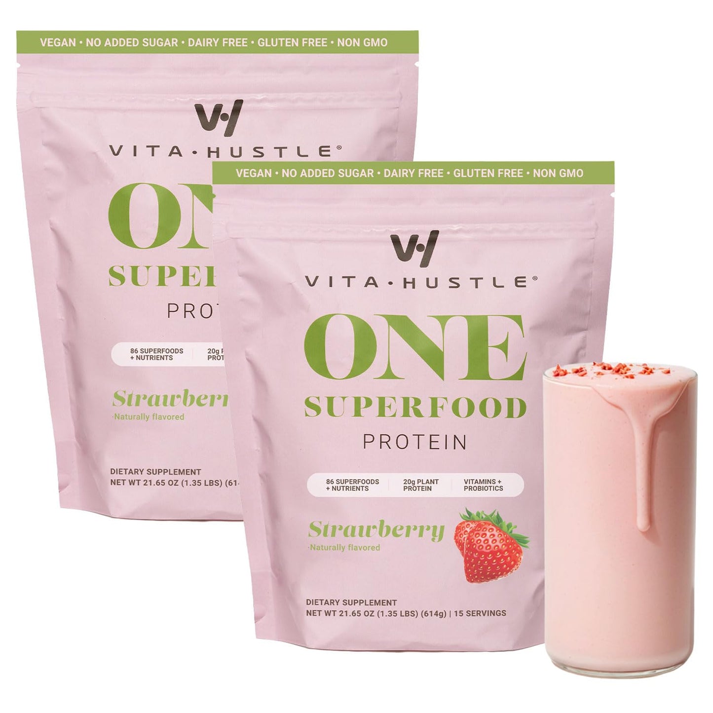 VitaHustle ONE Vegan Strawberry Protein Powder - 20g Plant Protein Meal Replacement with 86+ Superfoods & Greens, Probiotics + No Bloat Digestive
